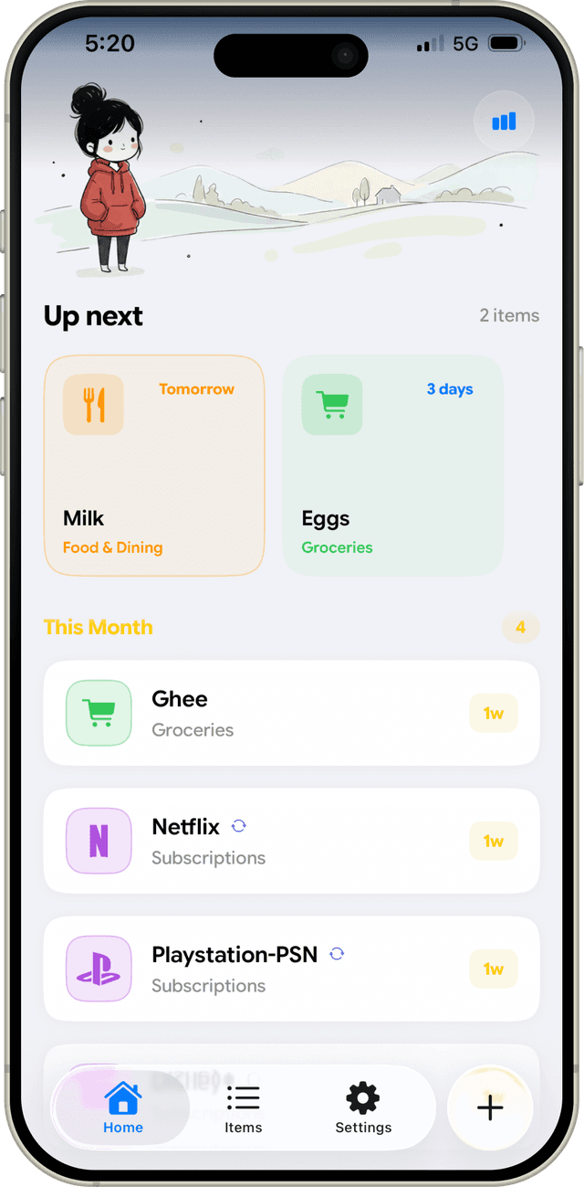 Deadlinr's Up Next screen: milk tomorrow, eggs in 3 days